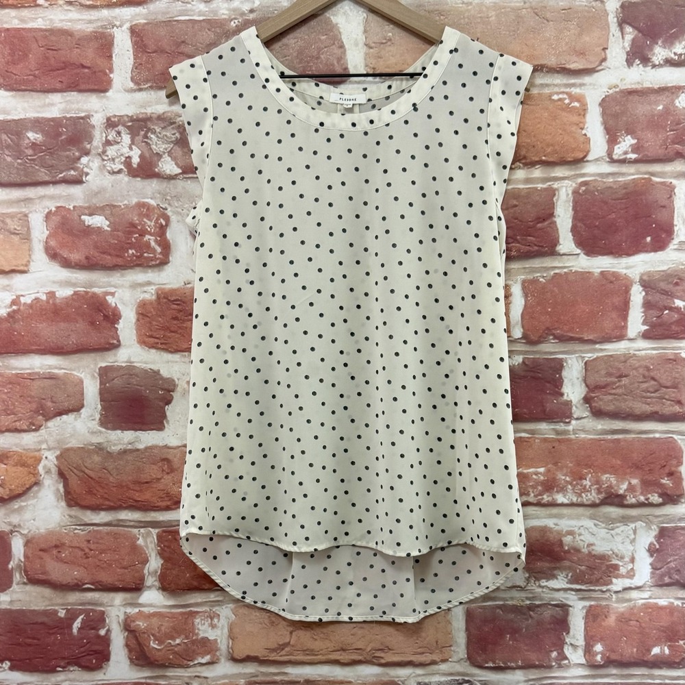 Pleione Top Women's Small Off White Black Polka Dot Abstract Pleated Back Shirt